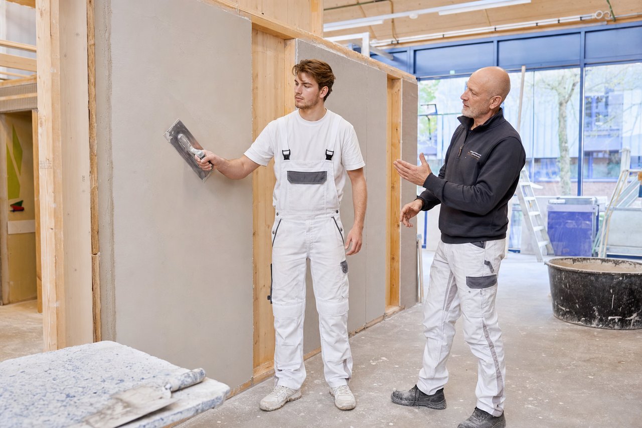 Jonge stukadoor in opleiding met spaan en stucmortel