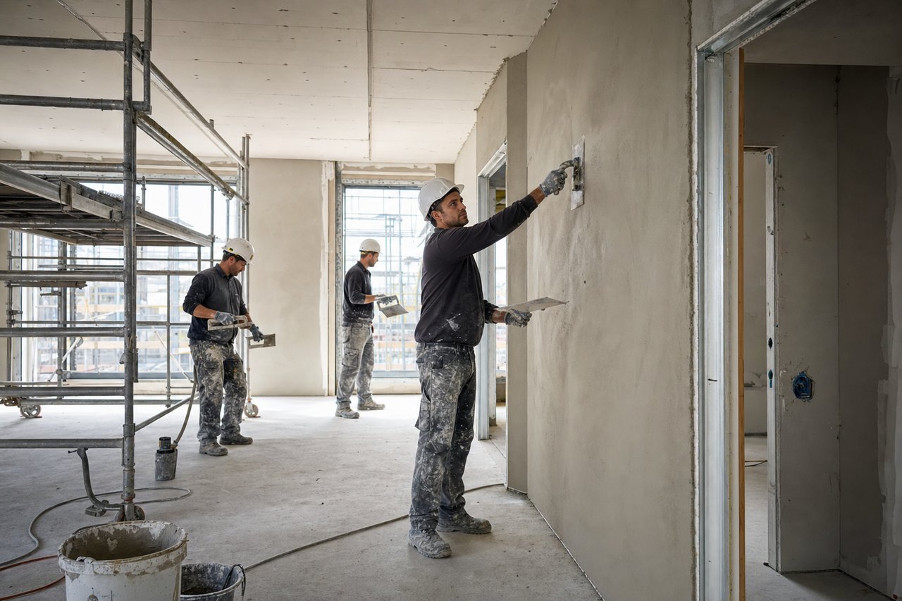 Stukadoor werkt aan plafondafwerking op een bouwplaats